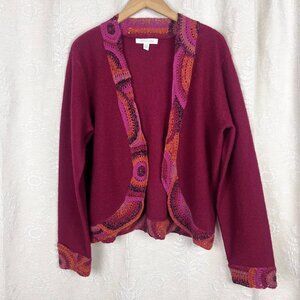 Northern Isles pink wool + rabbit hair open cardigan sweater crochet trim Large